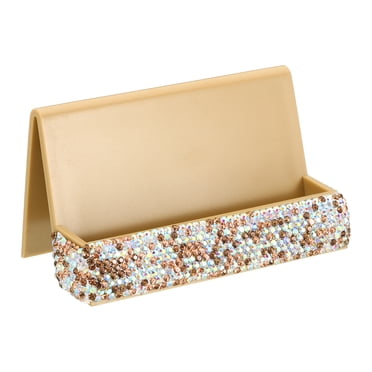 Uxcell Business Card Holder for Desk, Rhinestone Business Card Holders Crystal Card Stand Organizer Gold Tone