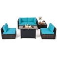 thumbnail image 1 of Patiojoy 6 Pieces Outdoor PE Rattan Wicker Sectional Sofa with 42" 60,000 BTU Gas Fire Pit Table, Patio Conversation Set with Tempered Glass Coffee Table Turquoise, 1 of 10