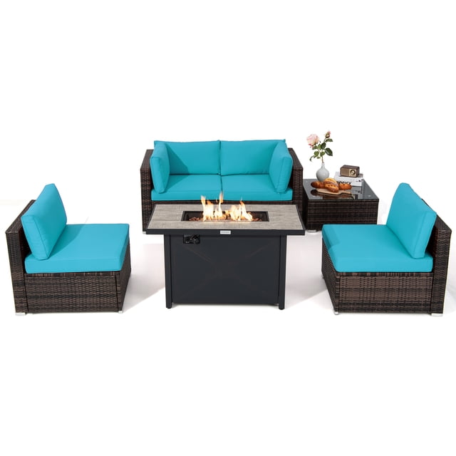 Patiojoy 6 Pieces Outdoor PE Rattan Wicker Sectional Sofa with 42" 60,000 BTU Gas Fire Pit Table, Patio Conversation Set with Tempered Glass Coffee Table Turquoise
