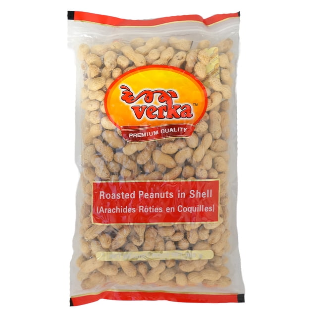 Verka Roasted Peanuts in Shell, 908g, clear resealable plastic bag filled with light brown roasted peanuts in shell, featuring a yellow and red Verka logo and a red bilingual label with product name in English and French, sealed with red and black trim, suitable as a healthy snack or nut topping for desserts.