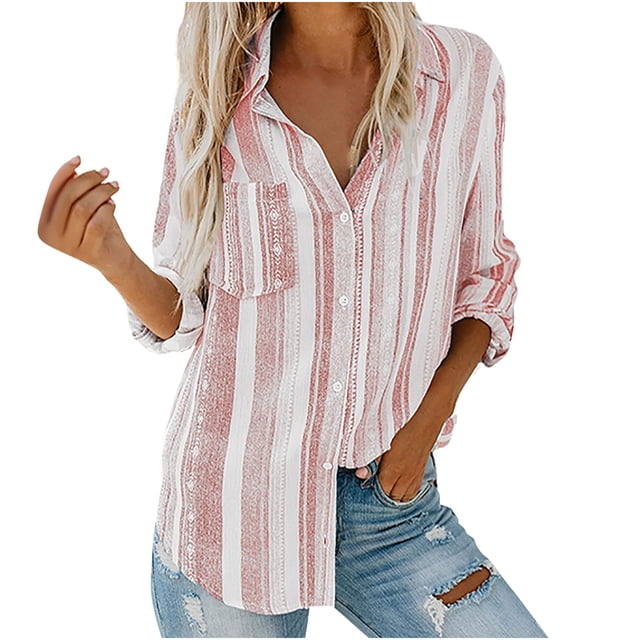 Cameland Blouses Mode pour Femmes Col en V Rayé Manches Retroussables avec Poche Chemise Ample