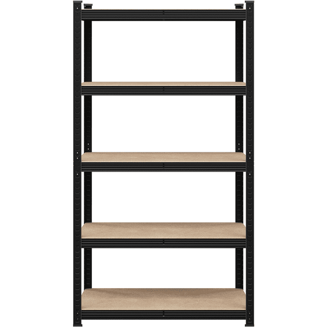 Fullfurnique 71″ height metal storage rack with adjustable shelves in black, featuring a 5-tier galvanized iron frame with MDF board shelves spaced evenly and adjustable in 1.6-inch increments, suitable for garage storage and organizing various items.