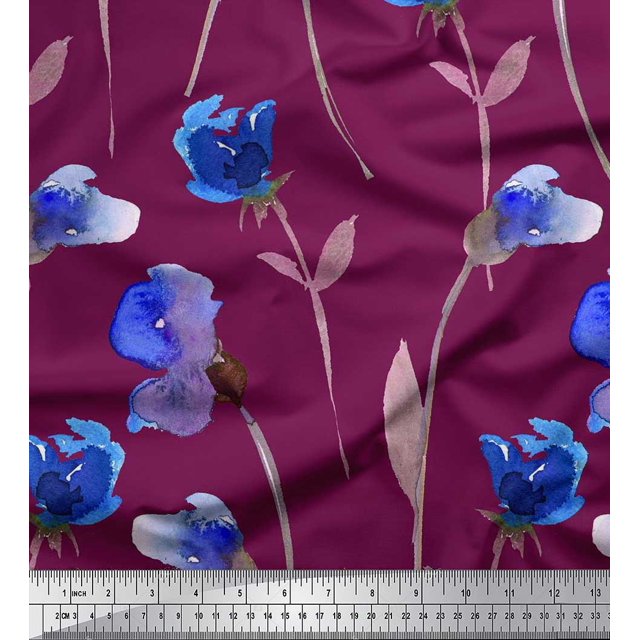 Soimoi Red Poly Georgette Fabric Leaves,Purple & Blue Floral Printed Fabric 1 Yard 52 Inch Wide
