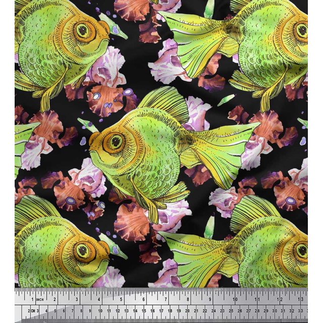 Soimoi Satin Silk Fabric Fish Ocean Decor Fabric Printed Yard 42 Inch Wide