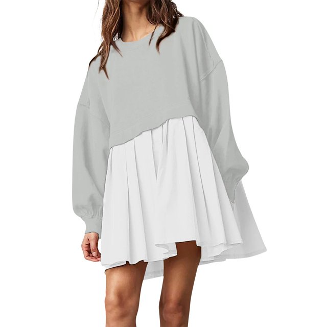 Womens Oversized Sweatshirt Dress Long Flowy Patchwork Pullover Tops Cute Drop Shoulder Sweatshirts Fall Long Sleeve Mini Dress Teen Girls Crewneck Solid Tunic Pleated Loose Clothing Beig