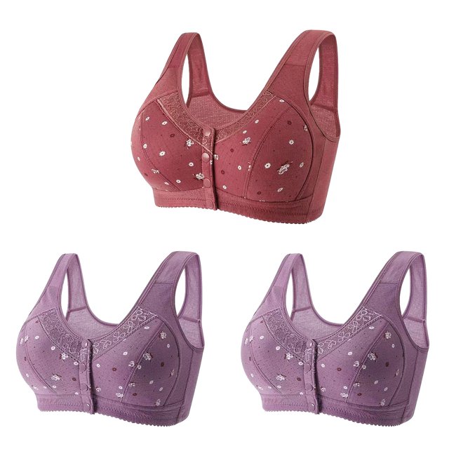 Bigersell Button Front Bras for Older Women 3pcs Nursing Bra Style R-24 Breathable Lace Bras Pack R-24-wine