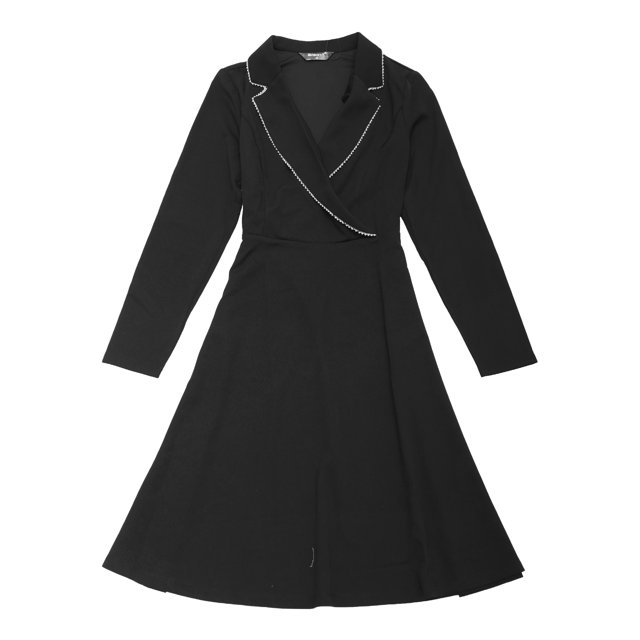 INSPIRE CHIC Robe Patineuse de Travail à Col Cranté pour Femme, Col en V, Manches Longues, Coupe Ajustée, Noir Moyen