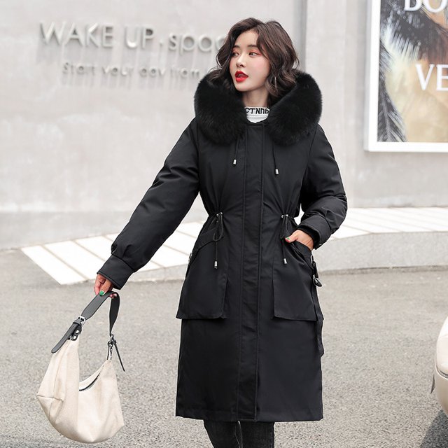 Ladies long down cotton winter warm jacket coat with detachable plush lining