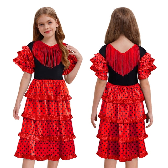 RUNQHUI Robe de Festival pour Filles Robe Flamenco Espagnole à Franges Jupe Maxi Lyrique à Volants Rouge 2T
