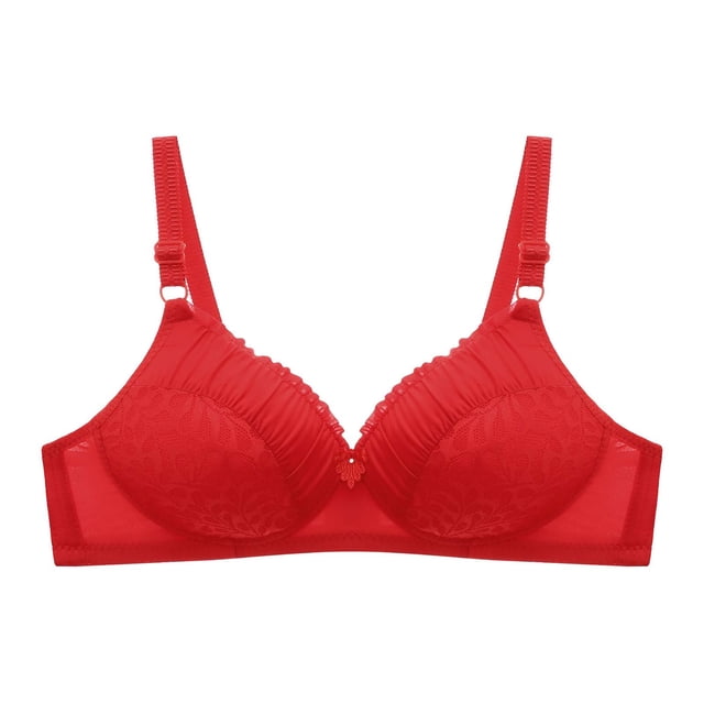 Virmaxy Womens Wireless Bra Oversized Gathered Comfortable Breathable Underwear (Plus Extended Buckle) Everyday Bra Embroidered Glossy Comfortable Breathable Bra Underwear No Rims Red-2 40