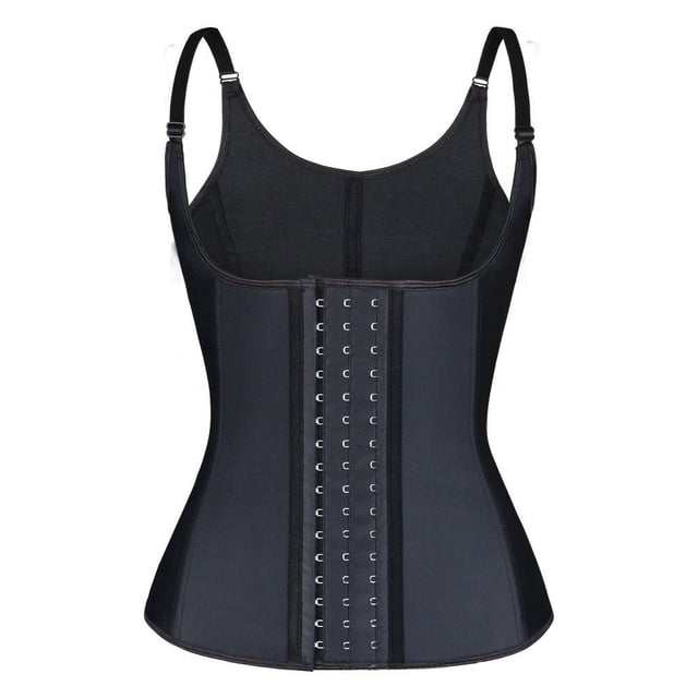 Three-Layer 9 Steel Bone Adjustable Shoulder Strap Rubber Corset Vest Latex Corset Abdominal Body Shaper in black. Designed for women's shapewear, it features tri-level steel bone adjustable straps for superior support and comfort, with a front hook-and-eye closure system. Made from durable rubber material to enhance body shaping and natural curves. Universal fit suitable for year-round wear.