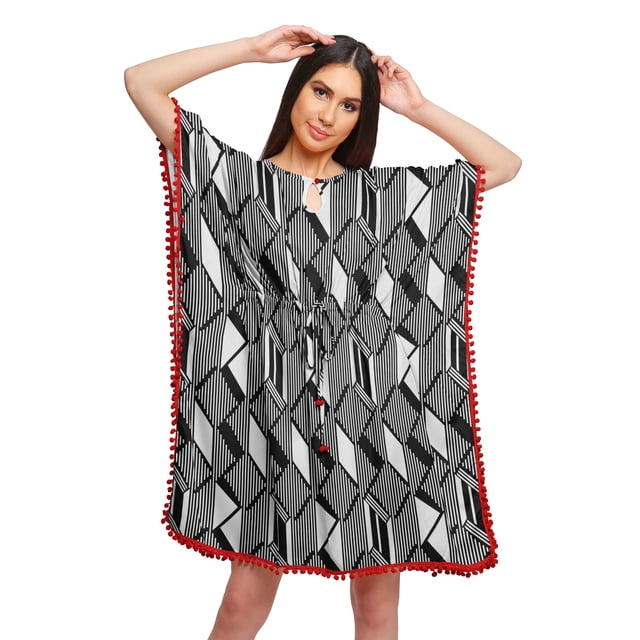 Moomaya Robe Courte de Caftan de Plage, Robe de Couverture Imprimée, Kaftan pour Femmes, Tenue de Plage, Couverture