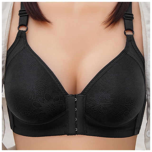 Timegard Front Closure Bras for Women designed for comfort and support, featuring a no underwire design, adjustable straps, and padded interior. The black bra has a floral textured pattern, front hook closure, and is ideal for seniors. Suitable for women's t-shirt bras and everyday wear under various outfits.