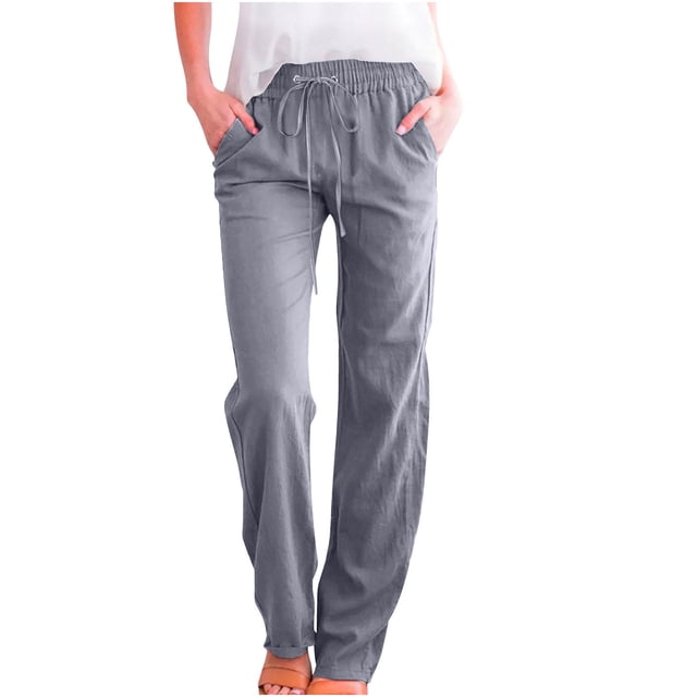 Timegard Women's cotton linen pants in grey, designed with an elastic waistband and drawstring for adjustable comfort. These straight-leg casual pants are made from a blend of 95% polyester and 5% spandex, offering lightweight, breathable wear for spring and summer. Featuring side pockets and a solid color, they are ideal for women's bottoms, perfect for lounging or casual outings.