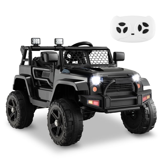 Costway 12V Battery Powered Ride On Truck Electric Kids Ride On Car with Remote Control, designed for outdoor play. Features a rugged black design, bright headlights, wire windshield, and anti-slip wheels. Includes a white remote control for parental operation. Ideal for children aged 3-7 years.