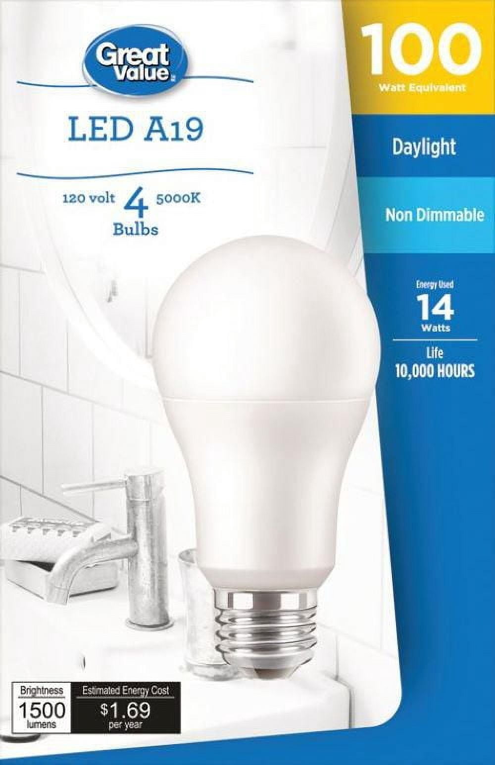 Great Value 100W A19 Daylight LED Bulbs 4-pack