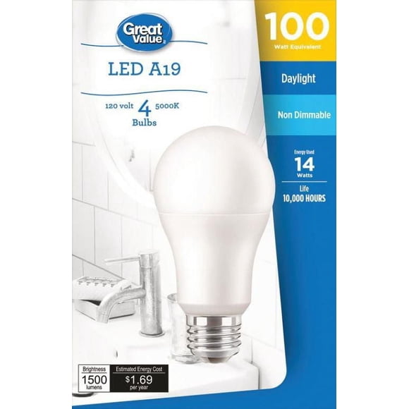 Great Value 100W A19 Daylight LED Bulbs 4-pack
