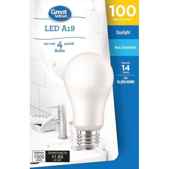 Great Value 100W A19 Daylight LED Bulbs 4-pack showing a white A19 LED bulb with medium E26 base near a bathroom sink with chrome faucet, offering 1500 lumens brightness, 5000K daylight color temperature, 14 watts energy use, and 10,000 hour lifespan, ideal for standard household lighting.
