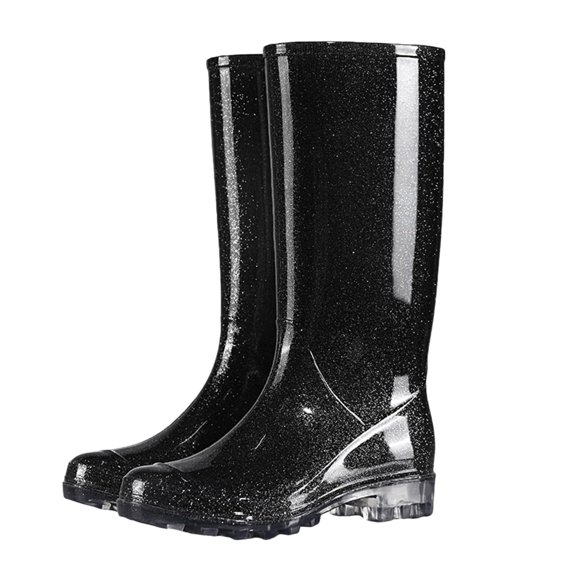 Women's Gradient Jelly Rain Boots Mid Calf Four-Season Waterproof Garden Muddy Work Boots Non-Slip Sole Removable Fleece Lined Outdoor Shoes 34cm Height Black