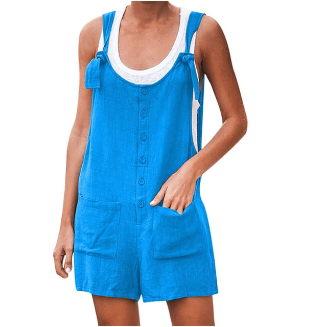 TopLLC Women's Summer Casual Rompers Sleeveless Loose Spaghetti Strap Short Jumpsuits Overalls Solid Button Bodysuit Playsuit With Pockets