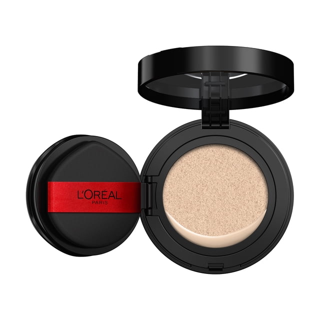 L'Oréal Paris Infallible Fresh Wear Cushion Foundation, up to 24H Breathable Coverage, N127 — front-facing compact showing foundation on the air-light sponge with the included skin-mimicking puff applicator; k-beauty inspired longwear cushion that gives blurred matte, up to 24h breathable coverage, shown on a plain white background and suitable for travel touch-ups.