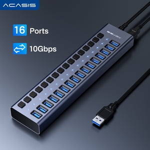 ACASIS 16 Ports USB 3.2 Hub avec 10Gbps Vitesse des données, boîtier en aluminium, USB Hub Powered avec 96W Adaptateur de puissance, USB Hub pour PC/Laptop, Ordinateur, Flash Drive, Imprimante, Caméra