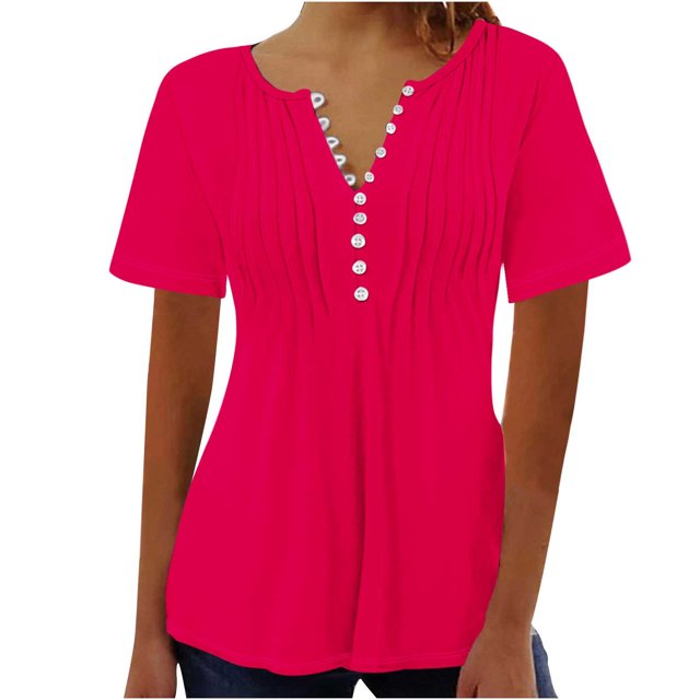 AherBiu Womens Tops Summer Button Round Neck Solid Color Ruched Dressy Casual Loose Tunics Tshirts