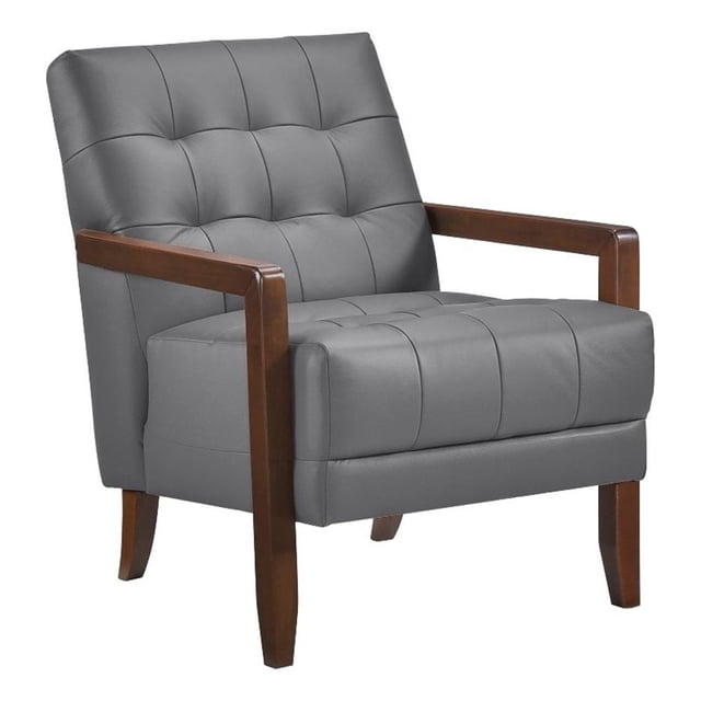 Pemberly Row Button Tufted Accent Armchair in Dark Gray Leather Brown Wood
