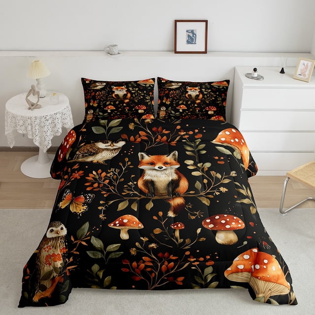 Erosebridal Cartoon Fox Bedding Full Comforter Set, Jungle Animal Down Comforter, Boho Botanical Decor, Reversible 3 Pieces