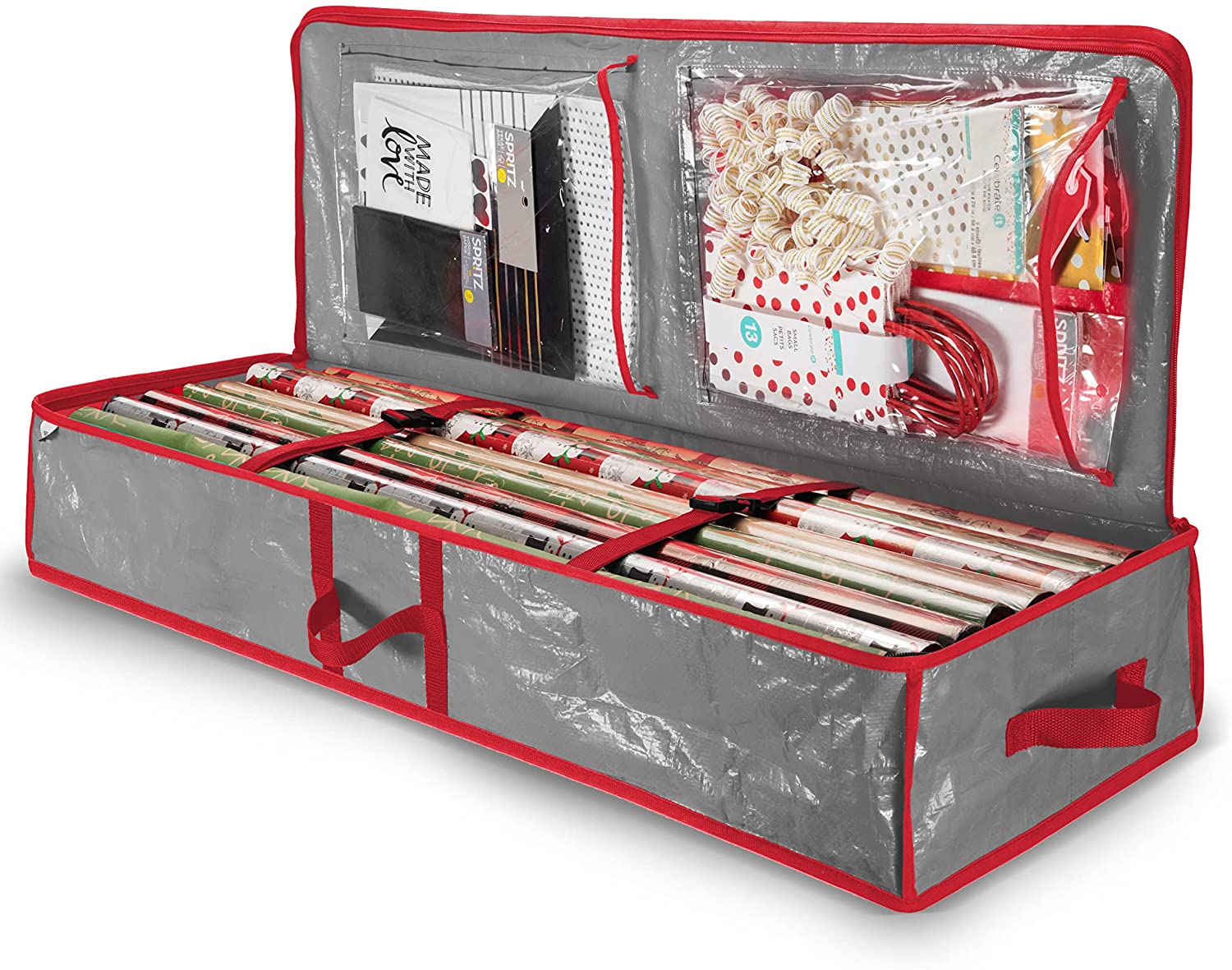 PE Underbed Gift Wrap Orger, Interior Pockets, fits 18-24 Standard Rolls, Underbed Storage, Wrapping Paper Storage Box and Holiday Accessories, 40” Long - Tear Proof Fabric