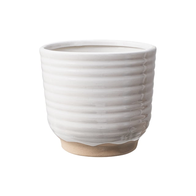 BHG PL Jardinière en Céramique Blanche à Rayures Horizontales de 6,8 Pouces, un pot Rond en Céramique avec des Crêtes Horizontales et une Glaçure Blanche Lustrée sur une base Naturelle Non Émaillée, Diamètre de 6,8 Pouces et Hauteur de 6,3 Pouces, Convient aux Plantes d'Intérieur comme les Orchidées, les Succulentes Ou les Fines Herbes.