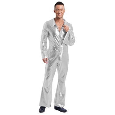 Hansber Men 70s Hippie Disco Costume Shiny Full Cover Romper Bodysuit Jazz Costume Dancewear Jumpsuit Silver S