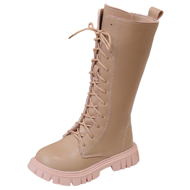 Gubotare Girl Boots Combat Boots for Girls Lace Up Riding Boots Mid Calf Fashion Waterproof Non Slip Side Zipper Boot Fall Winter Spring Size 11.5 (Pink,Little Kids 11.5)