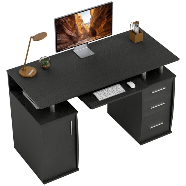 HOMCOM Bureau d'Ordinateur de 47 Pouces avec Plateau pour Clavier et Tiroirs de Rangement en Noir. le Bureau Présente un Plateau Spacieux, un Plateau pour Clavier Coulissant, une Armoire Fermée avec un Trou pour Câbles, Trois Tiroirs Coulissants et Deux Compartiments Ouverts. Fabriqué en Panneau de Particules durable avec Effet Grain de Bois, Mesure 47,2 Pouces de Large, 21,7 Pouces de Profondeur et 29,5 Pouces de Hauteur. Idéal pour le Bureau à Domicile, Offrant un Grand Espace de Rangement et un Espace de Travail.