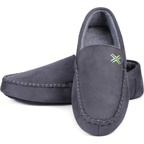 Roxoni Mens Slippers, Suede Moccasin Slipper with Memory Foam Grey