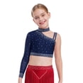 thumbnail image 1 of Manyakai Kids Girls Shiny Rhinestone Jazz Latin Modern Lyrical Dance Crop Tops Irregular Shoulder Navy Blue 12, 1 of 7