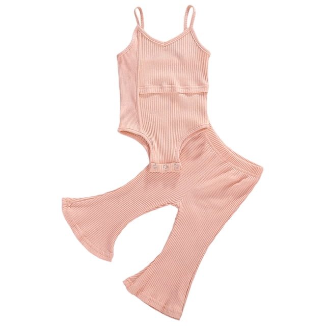 Xingqing 2PCS Infant Baby Girls V-Neck Solid Color Sleeveless Jumpsuit Bell-Bottom Suit