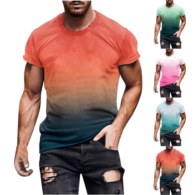 CFLVAEK T-Shirts pour Hommes Grande Taille Été Décontracté Manches Courtes T-Shirt Confortable Col Rond T-Shirt Mode Dégradé T-Shirts Graphiques Rose m