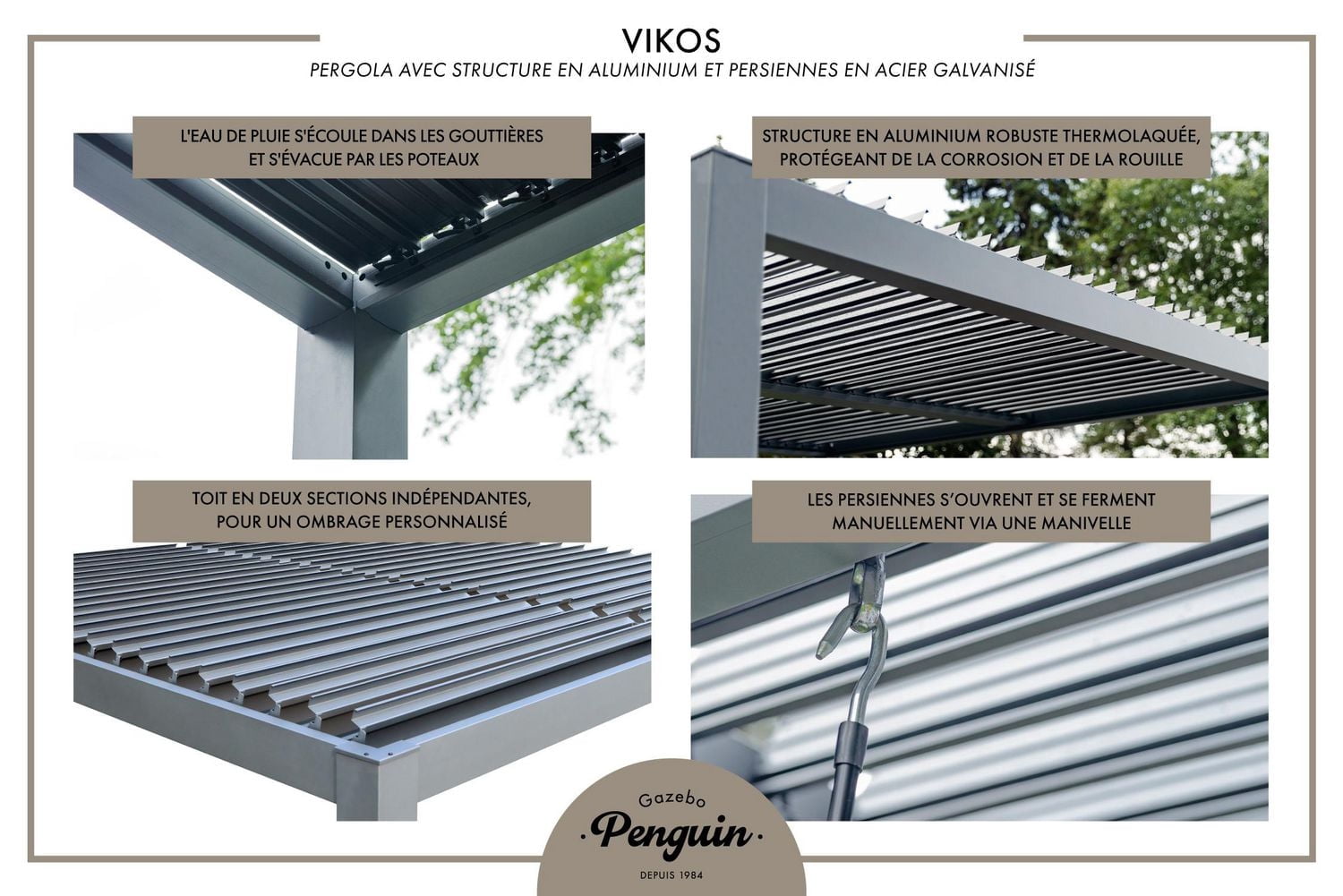 Pergola Vikos 10x10 en aluminium et persiennes en acier galvanisées