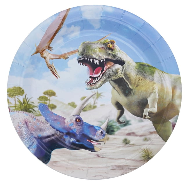 T-Rex 9 inch plates with a multicolour dinosaur design featuring a roaring green T-Rex, a blue triceratops with white horns, and a flying pterodactyl over a prehistoric landscape, ideal for disposable tableware and themed party settings.