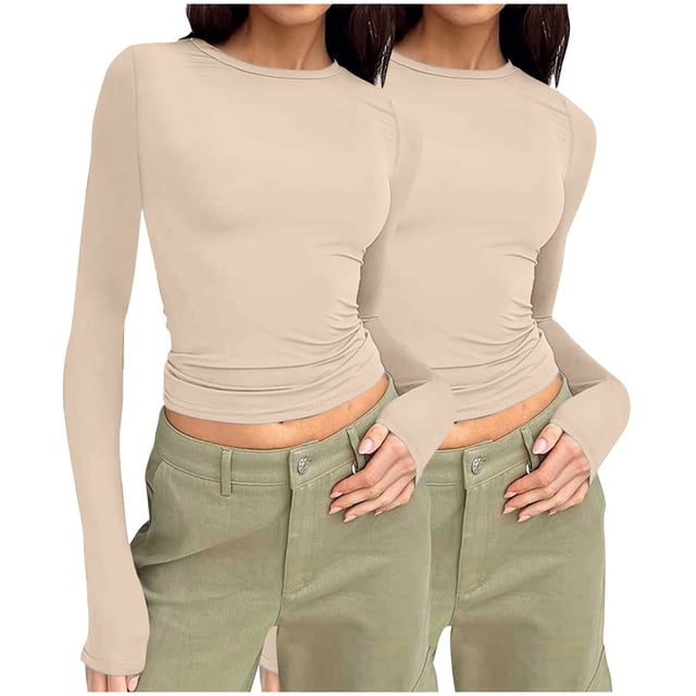 Frostluinai 2 Pack Y2K Shirts for Women Long Sleeve Ruched Tops Crew Neck Workout T Shirts Solid Color Slim Fit Blouses Soft Crop Tees