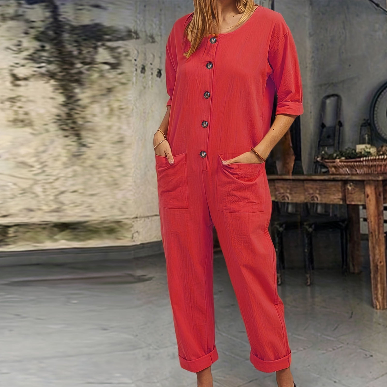 Combinaisons pour Femmes Hiver Combinaison Décontractée pour Femmes Couleur Unie à Boutons Pantalon Combinaison d'Automne en Liquidation