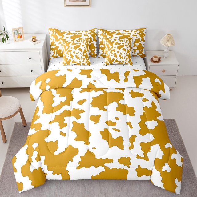 YST Yellow Cowhide 7-Piece Comforter Set, King, Bull Cattle Cow Print Farmhouse Bedding