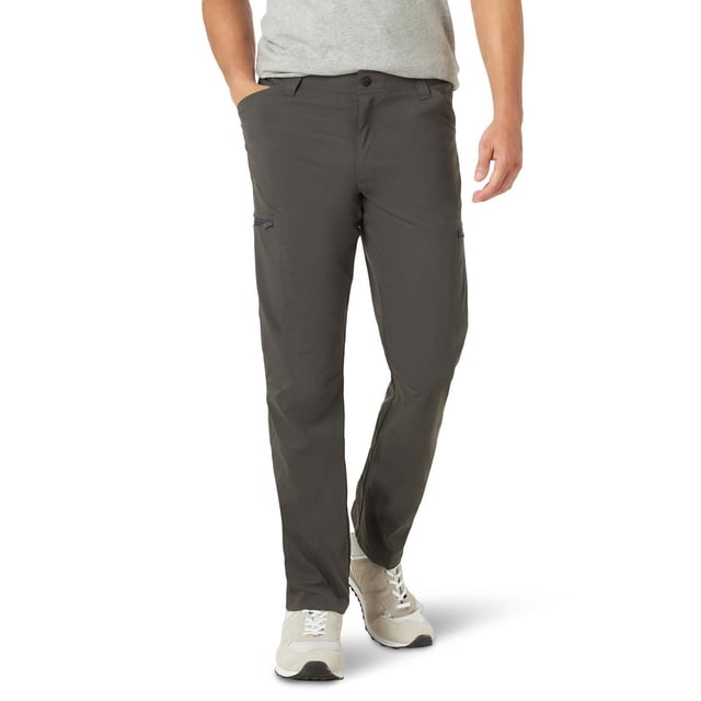 Wrangler Men's Outdoor Performance Pant in grey shown front-facing on a male model, featuring moisture-wicking nylon fabric, mid-rise straight leg fit, zippered side utility pockets, reinforced kick plates, and gussets for enhanced durability and mobility, ideal for outdoor and casual wear.