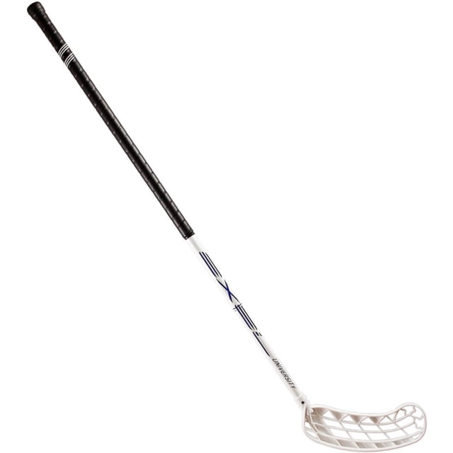 EXEL Floorball Stick University Series with a round fiberglass shaft in white. Features the Megalomaniac blade with low concavity for precise passing and stick handling. The stick has a Uni grip and is available in various lengths, including 65cm, 75cm, 87cm, 96cm, and 101cm, for left- or right-handed players. Approved by the International Floorball Federation.