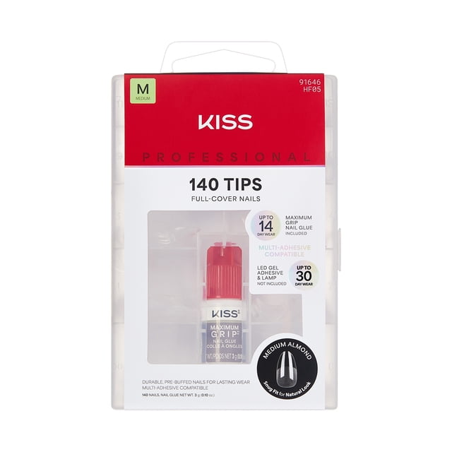 KISS 140 Nails- Unlimited, Clear, Almond, Medium, 140 Ct package with clear medium almond-shaped full-cover press-on nails and included maximum grip nail glue in a transparent case, designed for durable wear and multi-adhesive compatibility.