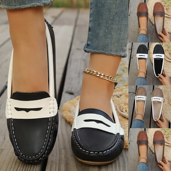 Jovati Casual Loafer for Women, Two-Tone Matte PU Slip-On Low Heel Shoes with Cutout Detail, Lightweight Comfort Fit for Daily Wear