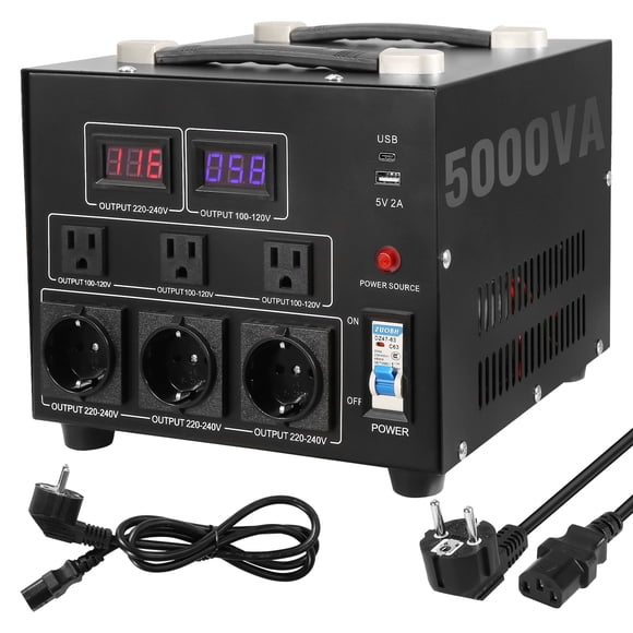 KFFKFF Voltage Converter Transformer, 5000W, Heavy Duty Step Up/Down Transformer, Convert from 110 Volt to 220 Volt and from 220 Volt to 110 Volt, with US Outlet EU Outlet 5V USB Port, CE Certified