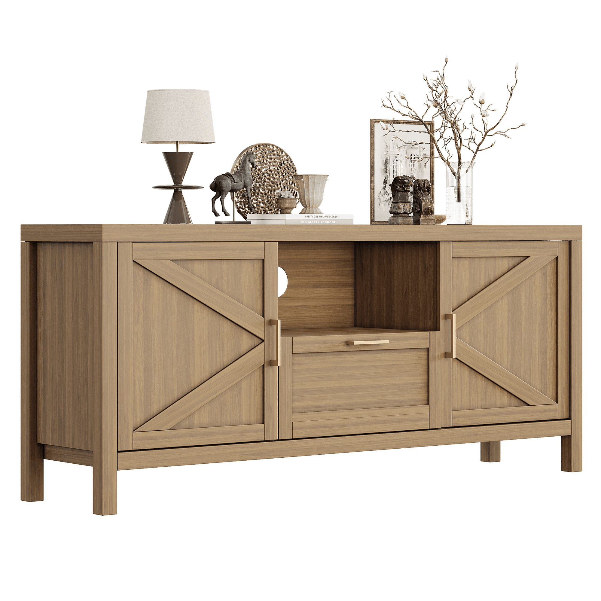 Farmhouse Tv Stand for 55''/65'' Tv, 59 Inch Entertainment Centre with Storage, Modern Large Wooden Media Console with 2 Door Cabinets, Adjustable Shelves for Living Room, Walnut