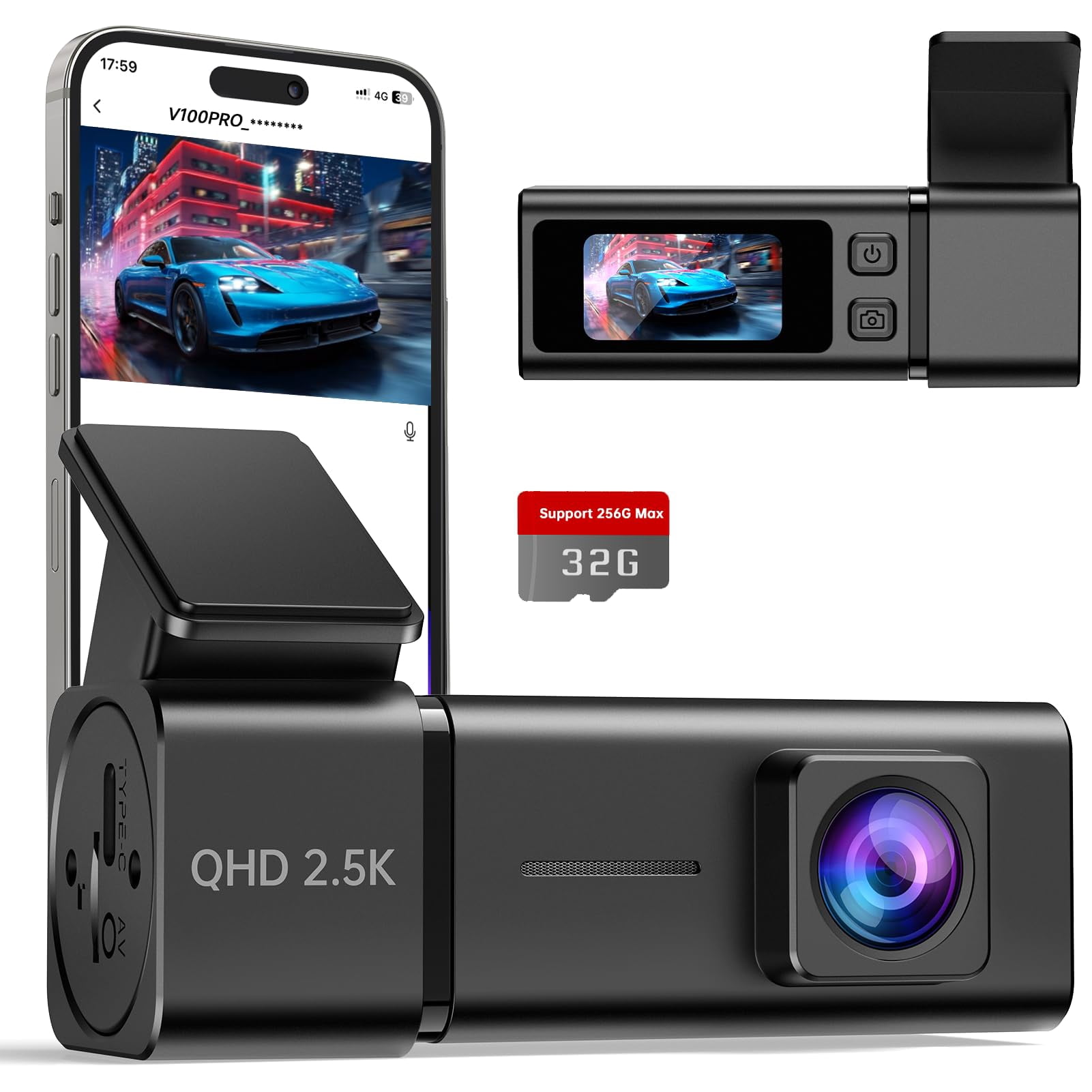 Dash Cam Front 1440P Dashcam with 32G SD Card, Dash Camera for Cars, Mini Dashcams with App,WiFi, Night Vision, G-Sensor, Loop Recording, 2